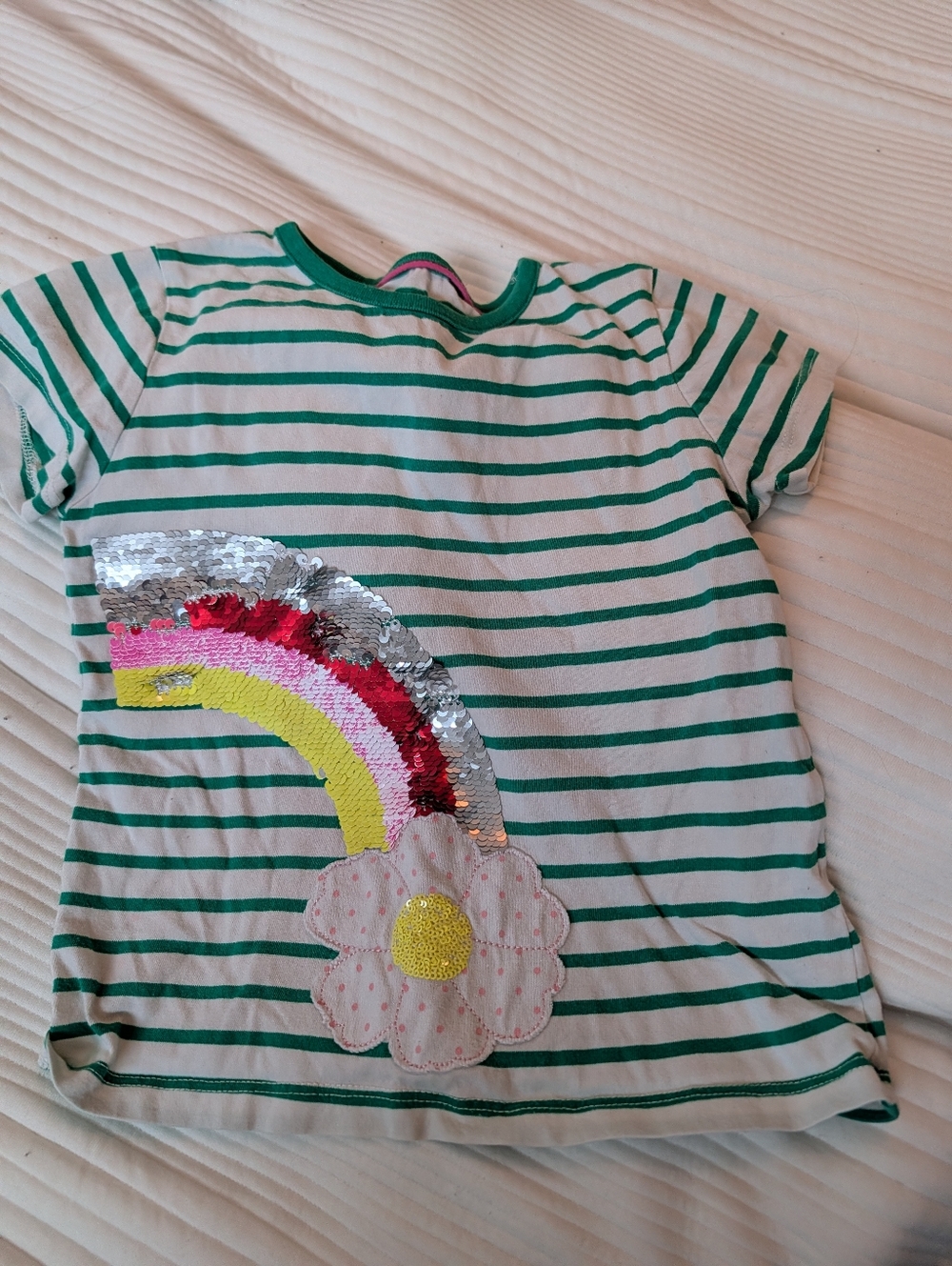 Mini Boden Green and White Striped Tee with Sequin Rainbow